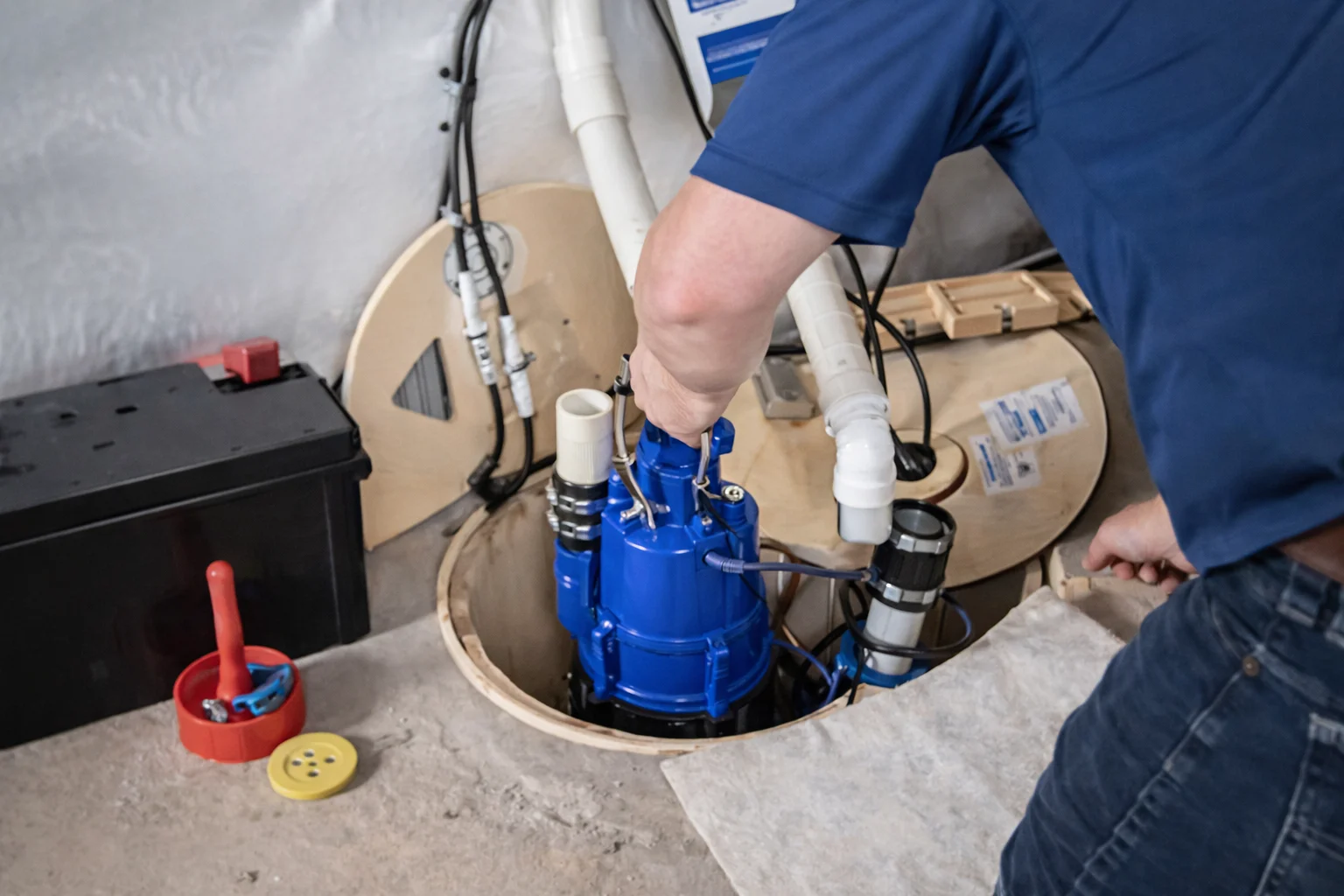 Plumber inspecting a sump pump